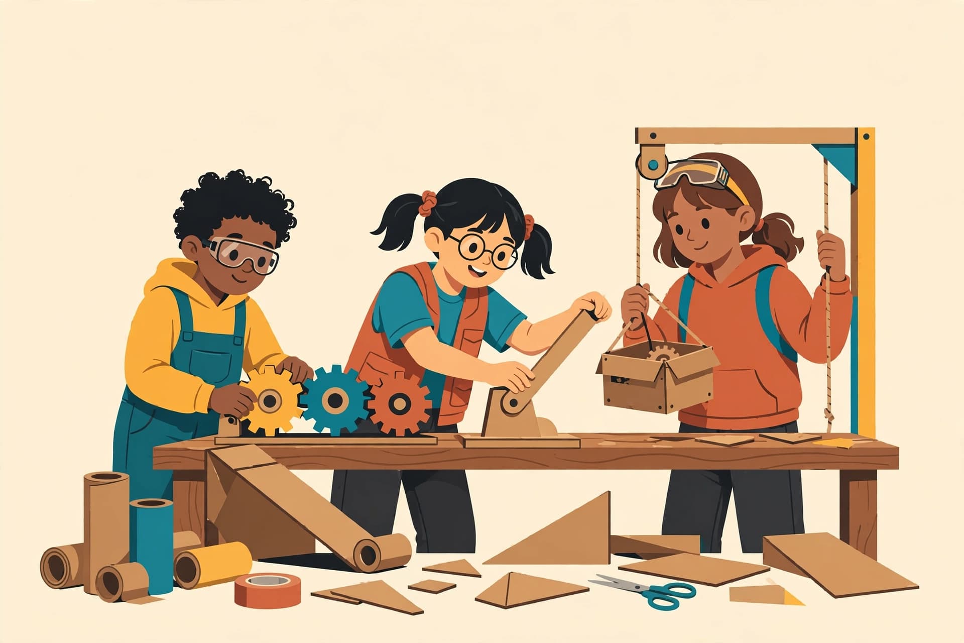 Kids building cardboard machines with gears, a lever and a pulley